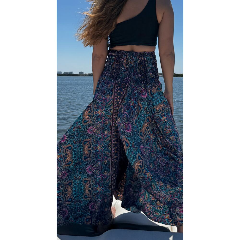 Maxi Pants Wide Leg High Waisted blue leaves blue w pink - Picture 3 of 3